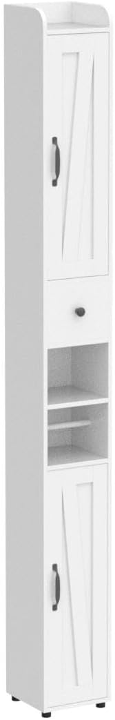 Tall Bathroom Storage Cabinet with Adjustable Shelves, Narrow Storage Cabinet with 2 Doors, Drawer, Toilet Paper Holder, Slim Storage Cabinet for Small Space, Kitchen, Laundry, Entryway, White