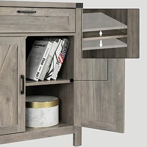 VINGLI Modern Farmhouse Sideboard Buffet Cabinet with Drawer, Storage Cabinet with Doors and Adjustable Shelves, Coffee Bar Station for Kitchen, Dining Room and Living Room, Ash Grey