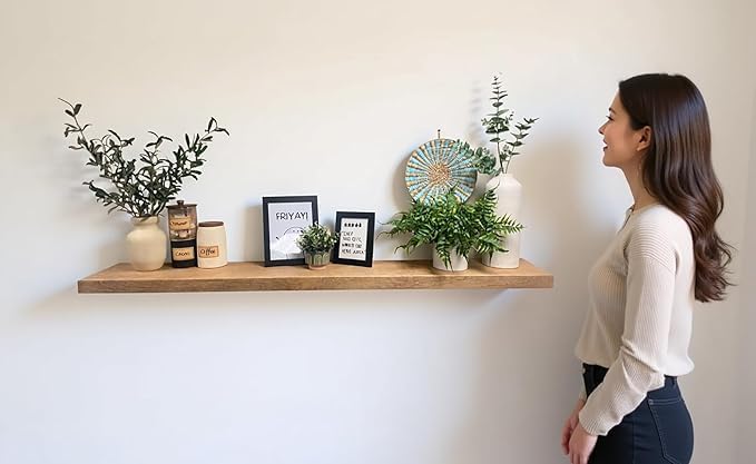 joelsantiques 60 Inch Wooden Floating Shelves for Wall - 60x10x2 in - Made of Natural Wood - Long Heavy Duty Rustic Wall Shelves for Bedroom - Perfect for Living Room, Kitchen - Beige