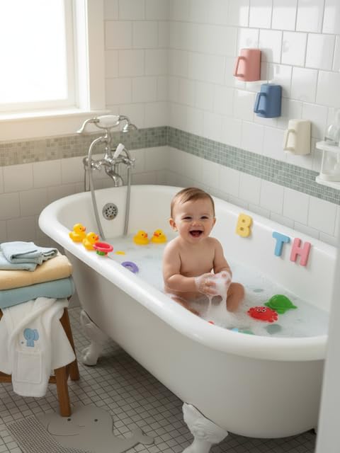 Rinzee® Baby Bath Cup with Suctions - BPA Free, 100% Food Grade Silicone Rinse Cup, Clutter-Free Tub Area, Kids Learning Tool, Sticks to Tiles, Drains Water Upside Down- "Patent Pending"