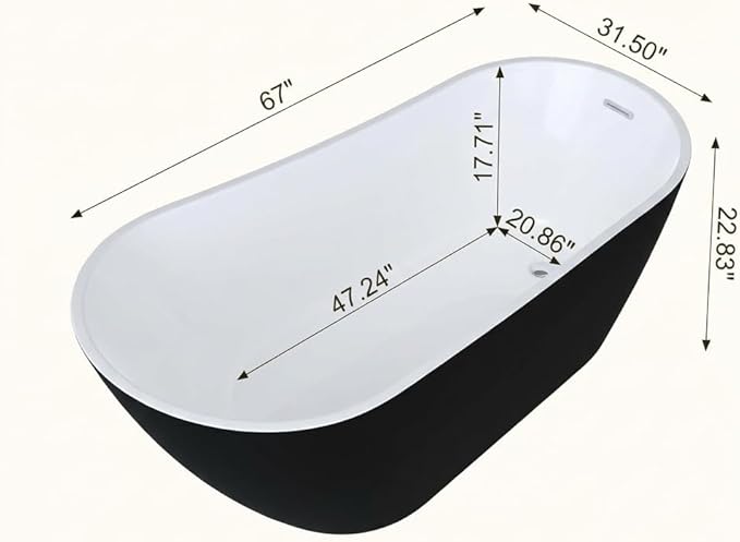 67 Inch Acrylic Freestanding Bathtub, Acrylic Soaking Bathtub with Matte Drain and Overflow, Modern Square Tub, cUPC Certified, Deep Ergonomic Design, Double-Walled Insulation, Easy Installation