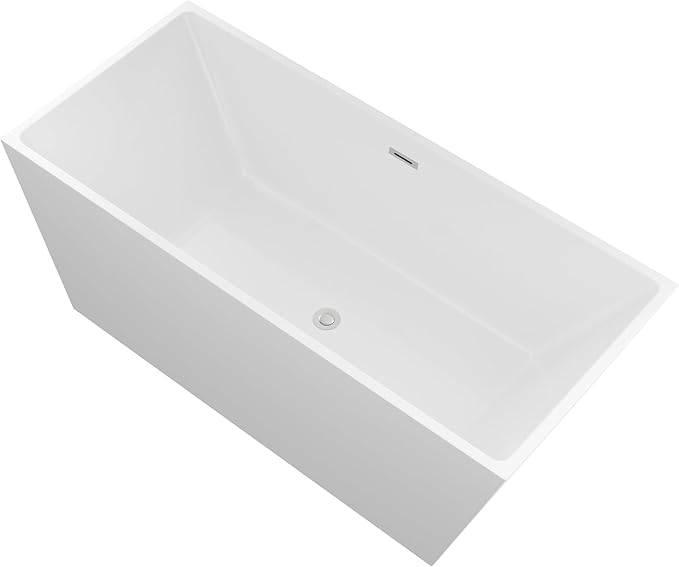 Logmey 67 Inch Bathtub White Acrylic Freestanding Rectangle Deep Soaking Tub with Chrome Drain & Overflow Assembly for Classic and Modern Bathrooms