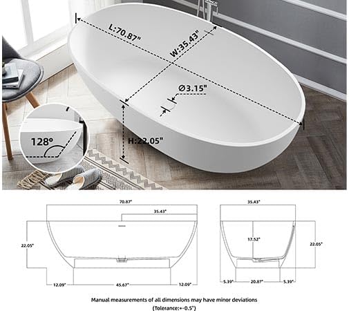 71'' Resin Stone Soaking Bathtub Freestanding Bathtub Solid Surface Modern Tubs with Overflow and Pop-up Drain in White…