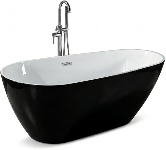 Bathtub with Upturned Ends, CUPC Chrome Drain and Overflow, White Interior and Black Exterior, Built-in Overflow, Fiber-Coated Fixing Bracket
