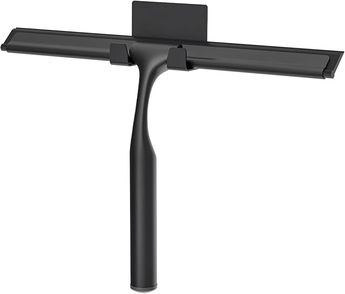 Stainless Steel Shower Squeegee for Glass Doors, Multi-Purpose Squeegee for Shower Glass, Bathroom and Car Windows, Squeegee with Adhesive Hook-10”, Black