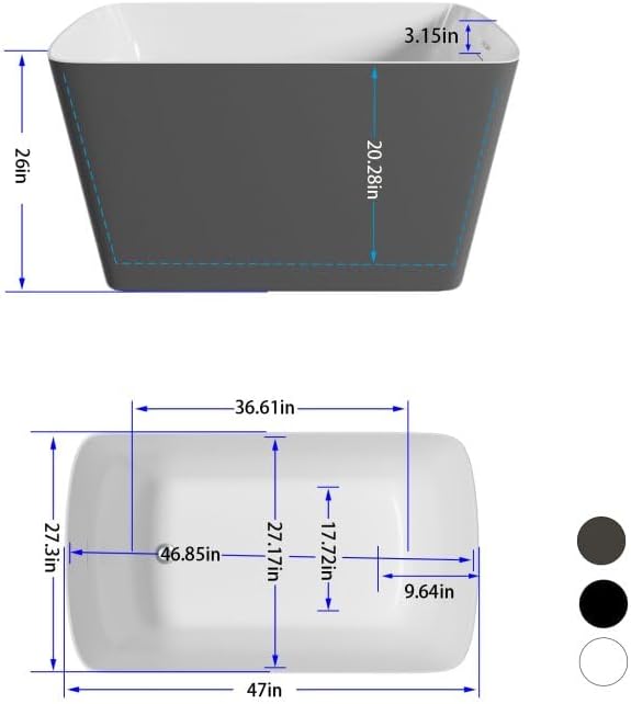 47" Lucite Acrylic Freestanding Bathtub，Square Shape Janpanese Soaking Tub,Toe-tap Chrome Right Drain, Slotted Overflow, cUPC Certified,Glossy 37°Gray