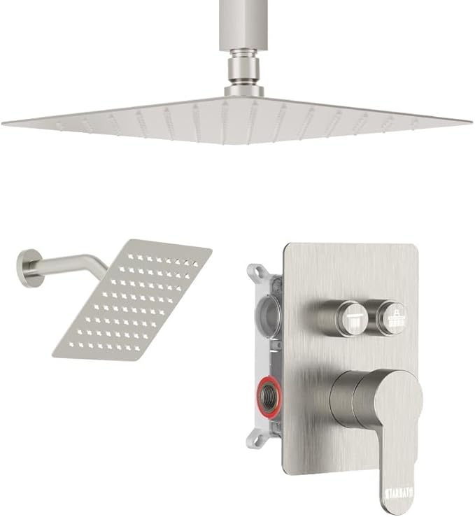 Shower Faucet Set Brushed Nickel Shower System, STARBATH 10" Ceiling Mount Rain Showerhead and 6" Wall Mounted Rainfall Shower for Couples, On Off Button Valve Dual Head Shower Systems Complete