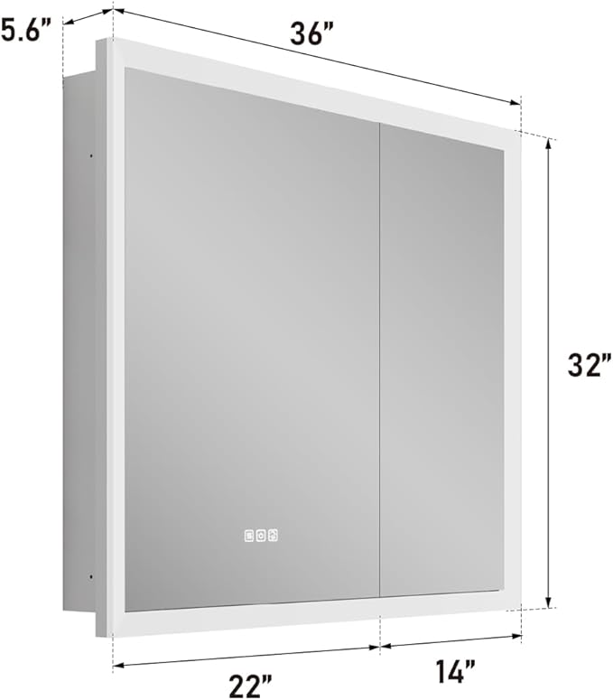 WELLFOR 36 x 32 Inch LED Medicine Cabinet with Lights, 3X Magnification Makeup Mirror, Bathroom Vanity Mirror Cabinet with Storage, Anti Fog, Surface or Recess Mount, Double Opening Door