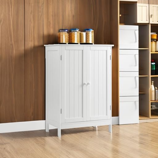 Tangkula Bathroom Floor Cabinet, Freestanding Storage Cabinet with Double Doors and Shelf, Modern Home Furniture, Wooden Home Organizer for Living Room, Bathroom Cabinet, White