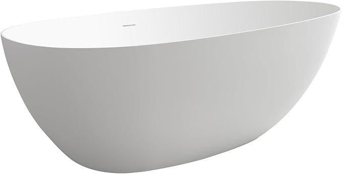67" Stone Resin Freestanding Bathtub, Oval Solid Surface Bathroom Freestanding Tub, Thin Edge Stand Alone Tub with Integrated Slotted Overflow and Pop-up Drain, Matte White 302-170