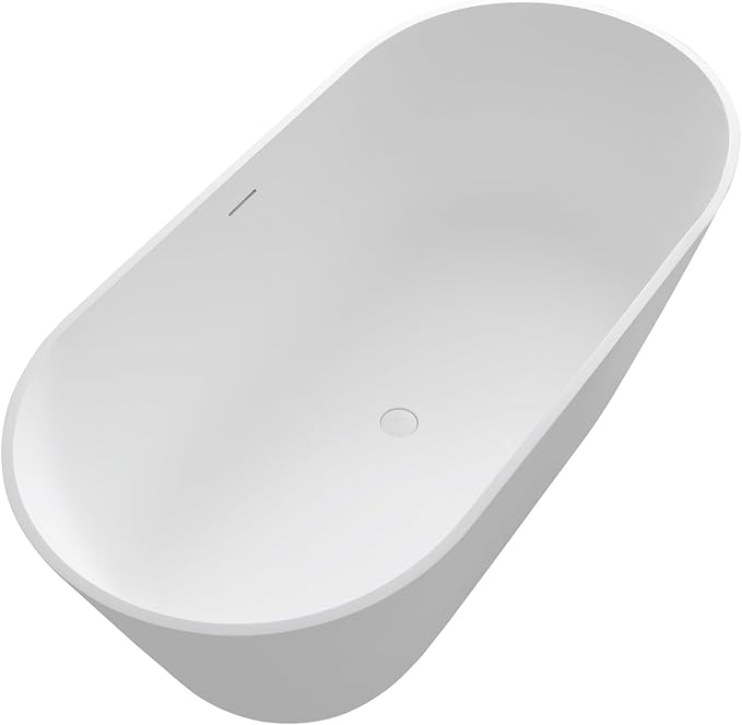 67" Premium Solid Surface Freestanding Bathtub, Upgraded Oval Stone Resin Soaking Tub with Overflow and Pop-up Drain, Matte White