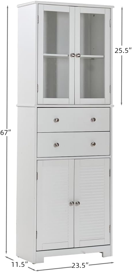 67" Tall Kitchen Pantry Cabinet with Doors and Shelves Large Stand Up Pantry Storage Cabinet with Drawer Large Food Cupboard Storage Cabinet for Kitchen Bathroom Craft Room, White