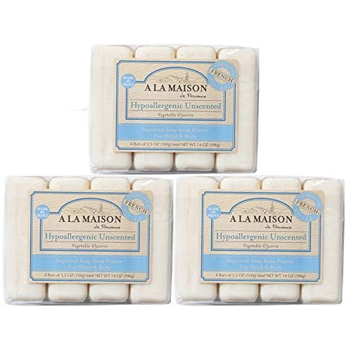 A LA MAISON Hypoallergenic Unscented Bar Soap - Triple French Milled Natural Moisturizing Hand Soap Bar (12 Bars of Soap, 3.5 oz)