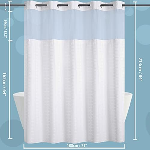 Conbo Mio Extra Long No Hook Shower Curtain with Snap in Liner Set, Hotel Luxury White Fabric Shower Curtains for Bathroom with See Through Top Window, Washable, Waterproof 71W x 84H