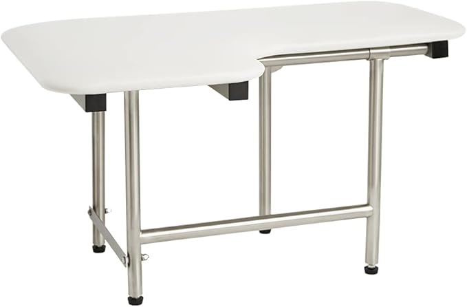 32" x 22.5" White Padded Wall Mount Folding Right-Handed Transfer Bench Shower Seat with Legs, ADA Compliant