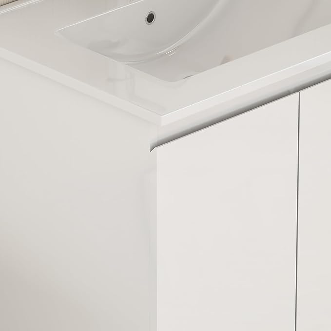 36" Freestanding Bathroom Vanity with Sink, High Gloss White Cabinet, Mid-Century Solid Wood Legs, 2 Doors & 2 Side Drawers, Scandi Modern Storage for Master Bath