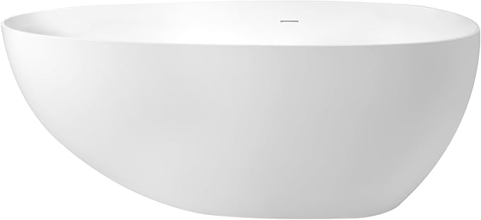 59" Stone Resin Freestanding Bathtub, Oval Solid Surface Bathroom Freestanding Tub, Thin Edge Stand Alone Tub with Integrated Slotted Overflow and Pop-up Drain, Matte White 302-150
