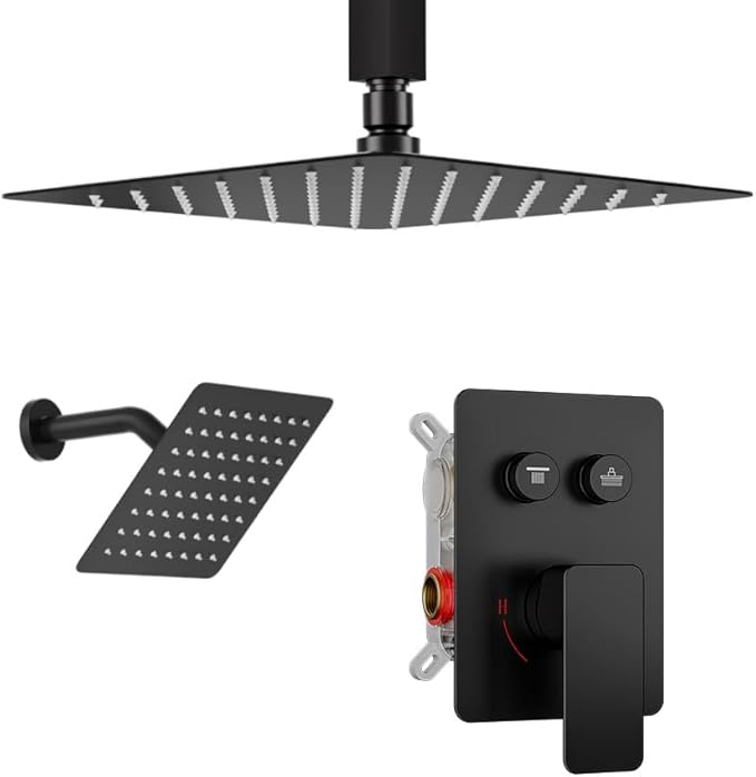 Shower Faucet Set Matte Black Shower System, STARBATH 10" Ceiling Mount Rain Showerhead and 6" Wall Mounted Rainfall Shower for Couples, On Off Button Valve Dual Head Shower Systems Complete