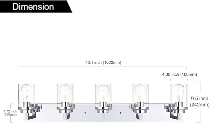 MELUCEE 5-Lights Bathroom Vanity Light Fixtures Chrome, Modern Vanity Lighting with Clear Glass Shade, Industrial Wall Mount Lights for Mirror Cabinet Sink