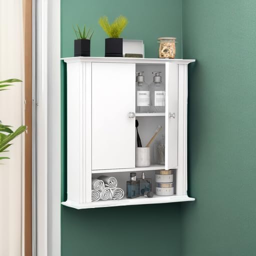 White Wall Cabinet, Over The Toilet Storage Cabinet, Bathroom Cabinet Wall Mount, 2 Doors & Hooks, Medicine Cabinet Organizer, Hanging Wall Cabinet Cupboard for Kitchen Laundry Room White