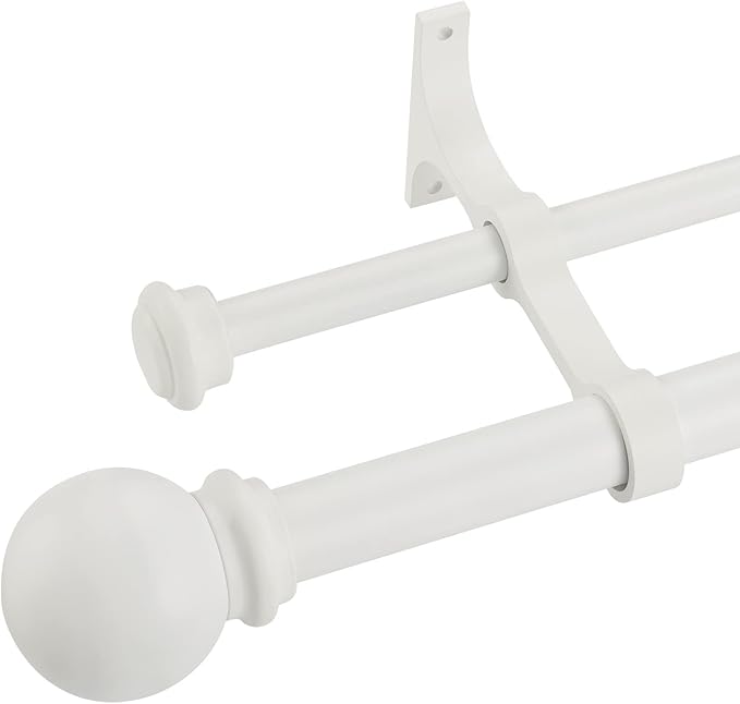 Double Curtain Rod 48 to 84 inch, Adjustable 1 inch Double Drapery Rod Rods for Windows and Doors with Ball Round Finials and Premium Aluminum Brackets Set(48-84",Matte White)