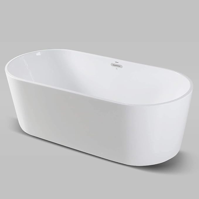FerdY Luzon 67" Acrylic Freestanding Bathtub, Ergonomic Lightweight Classic Oval Soaking Bathtub with Chrome Drain, Classic Slotted Overflow, Modern White