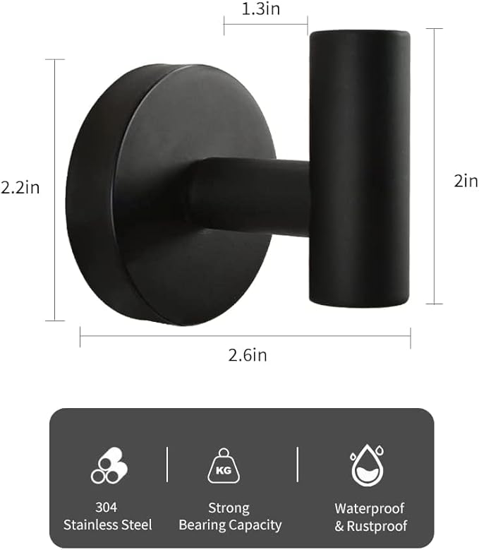 Vuzvuv 2-Pack Matte Black Wall-Mounted Towel Hooks, SUS304 Stainless Steel Waterproof Coat Robe Holder, Heavy Duty Hooks for Bathroom, Kitchen, Hotel (Drilling)