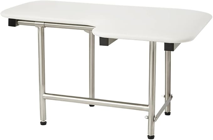 32" x 22.5" White Padded Wall Mount Folding Left-Handed Transfer Bench Shower Seat with Legs, ADA Compliant