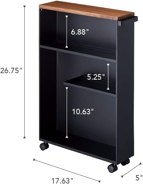 YAMAZAKI Home Slim Rolling Storage Cart – Narrow Bathroom Storage Cabinet with Handle, Slim Bathroom Storage Cart with Wheels, Easy Assembly, Steel + Wood, Black, 27" - Steel -