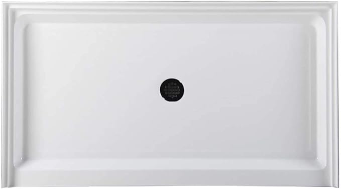 Westbrass SP6036WP-62 60" x 36" 3-Wall Shower Pan with Plastic Center Drain and 4-1/4" Cross Grid Brass Drain Cover, Matte Black