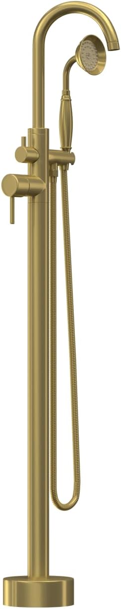 Freestanding Tub Filler Brushed Gold Floor Mount Bathtub Faucet Bathroom,Rough-in Valve 2 Function Handshower for Tub Rinsing Bathing,Anti-Wobble Base,Telephone-Shape Handheld