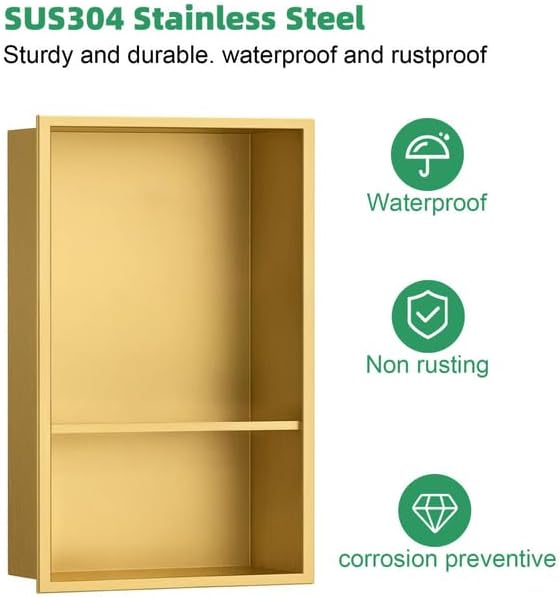 SaniteModar Shower Niche, Stainless Steel Niche for Shower Wall,18" x 12" No Tile Needed,Recessed for Bathroom Storage (Brushed Gold, 18" x 12" Double)