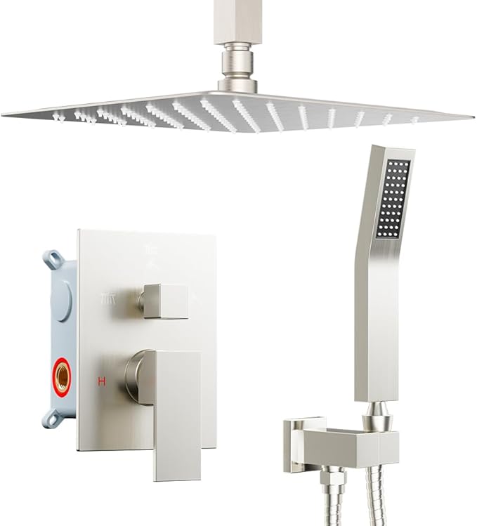 Shower Faucet Set Brushed Nickel Shower System, Starbath 8" Rain Shower Head and Handheld Spray Shower Set Complete Ceiling Mounted,2 Way Pressure Balance Shower Valve and Trim Kit Included