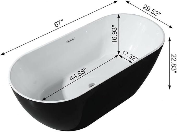 Bathtub with Upturned Ends, CUPC Chrome Drain and Overflow, White Interior and Black Exterior, Built-in Overflow, Fiber-Coated Fixing Bracket