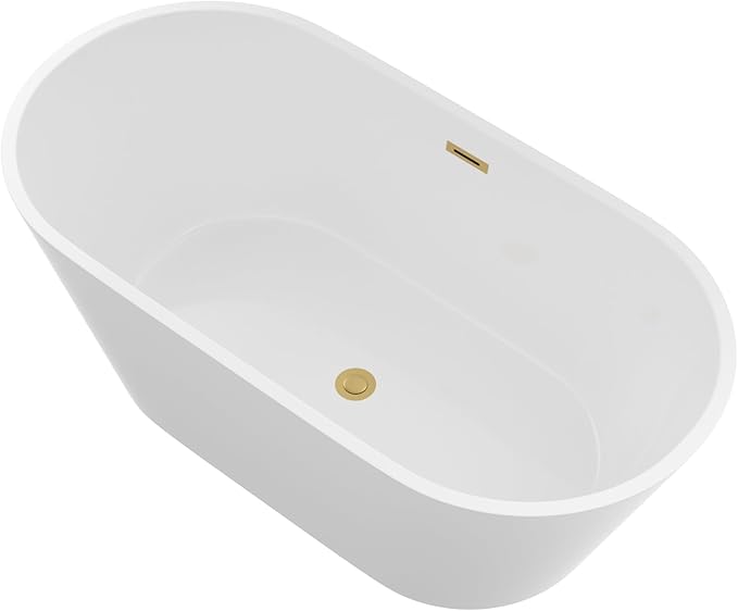 Logmey 59 In White Acrylic Freestanding Bathtub Oval Shape Soaking Tub with Gold Drain & Overflow Assembly for Classic and Modern Bathrooms