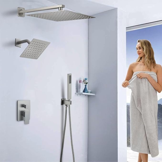 Shower Faucet Set Brushed Nickel Shower System, Knob Switch Diverter Shower Faucet with High Pressure Handheld Spray, Wall Mount 12 Inch Shower Head with 6 Inch Wall Mount Shower Head