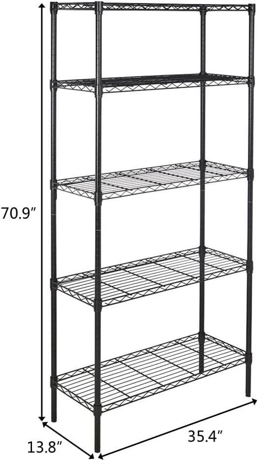 5 Tier Storage Racks Shelving, Heavy Steel Pantry Shelves, Adjustable Wire Shelving Rack, Suitable for Garage, Kitchen, Bathroom, Office, 35" W x 14" D x 71" H, Black