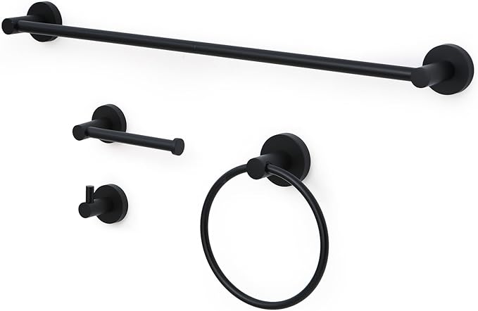 Matte Black Bathroom Hardware Set 4 Piece Towel bar Set,Towel Rack for Bathroom Wall Mounted Adjustable Expandable 24 inch Towel Holder Robe Hook Towel Ring Toilet Paper Holder