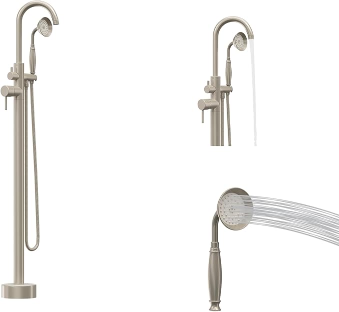 Freestanding Tub Filler Brushed Nickel Floor Mount Bathtub Faucet Bathroom,Rough-in Valve 2 Function Handshower for Tub Rinsing Bathing,Anti-Wobble Base,Telephone-Shape Handheld