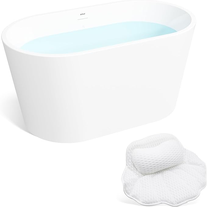 FerdY Shangri-La 47" Acrylic Freestanding Bathtub with Headrest, Small Classic Oval Shape Acrylic Soaking Bathtub with Brushed Nickel Drain & Overflow& Bath Pillow, cUPC Certified