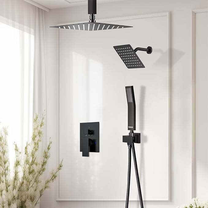 Shower Faucet Set Matte Black Shower Systems, STARBATH 3 Way Shower Faucet with 2 in 1 Handheld, Ceiling Mount 12+6" Dual Rain Shower Head for Two People, Shower Valve with 5 Diverter Complete