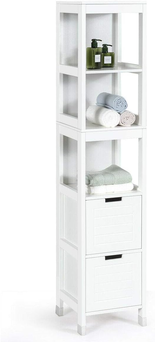 Tangkula Tall Bathroom Storage Cabinet, Freestanding 57" H Tall Slim Bathroom Floor Cabinet with 3 Tier Open Shelves and 2 Drawers, Multifunction Organizer Wooden Tower (White)