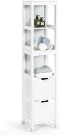 Tangkula Tall Bathroom Storage Cabinet, Freestanding 57" H Tall Slim Bathroom Floor Cabinet with 3 Tier Open Shelves and 2 Drawers, Multifunction Organizer Wooden Tower (White)