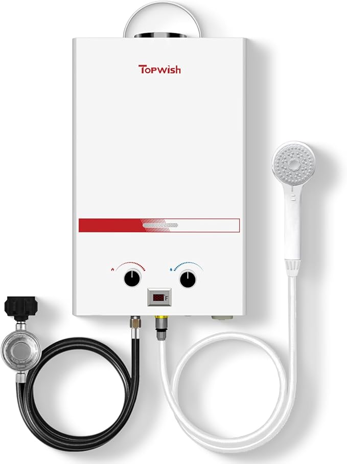 Tankless Water Heater 8L, 2.11GPM Portable Propane Camping Water Heater with Digital Display Handle Overheating Protection, 54,500 BTU Instant Gas Hot Water Warmer for Outdoors RV Shower Cabin