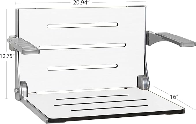 Seachrome Silhouette Comfort Folding Wall Mount Shower Bench Seat with Arms, White Seat with Matte Black Frame