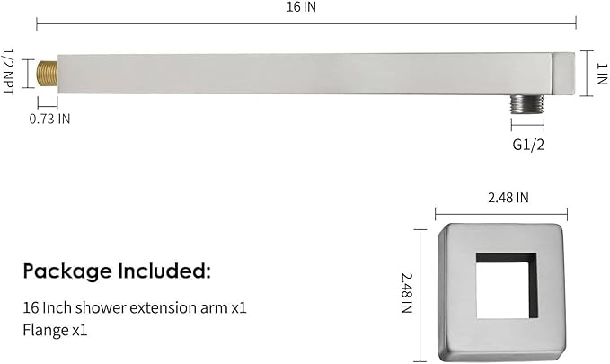 BESy 16 Inches Straight Extended Shower Arm With Flange, Rain Shower Head Extension Arms, Square Shower Rod Shower Head Extender Arm Shower Pipe Extension, Wall-Mounted Brushed Nickel Stainless Steel