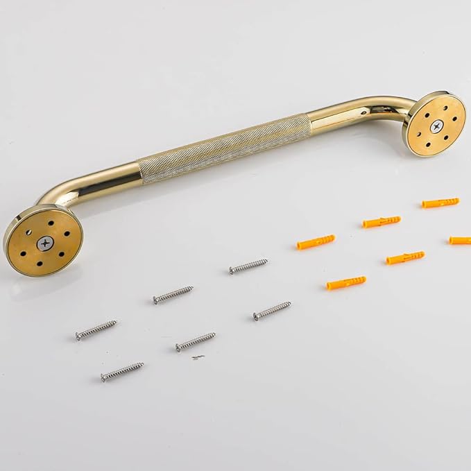 Textured Shower Grab Bar, 16-Inch Bathroom Support Rails, Stylish Safety Armrest Hand Rail, Polished Brass/Gold Finish, Good for Senior, Kids, Elderly