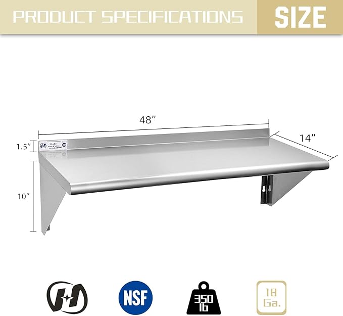 Hally Stainless Steel Shelf 14 x 48 Inches, 350 lb, Commercial Wall Mount Floating Shelving for Restaurant, Kitchen, Home and Hotel
