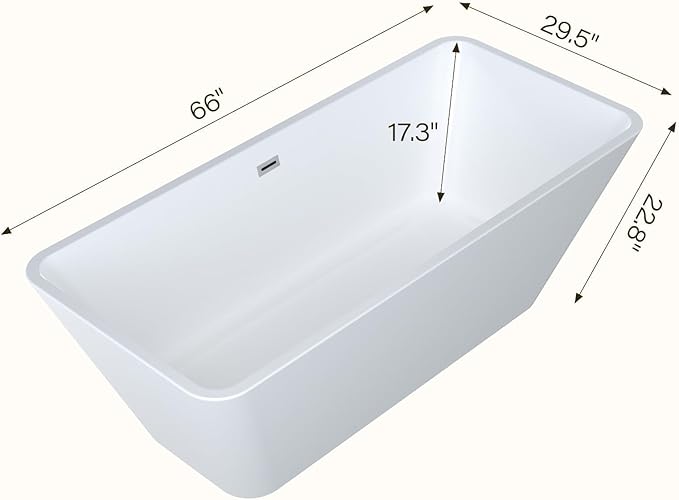 66'' Acrylic Freestanding Bathtub, Deep Soaking Tub with Non-Slip Base, cUPC Certified Free Standing Tub, Chrome Drain Bath Tub, Modern Tub for Bathrooms, White