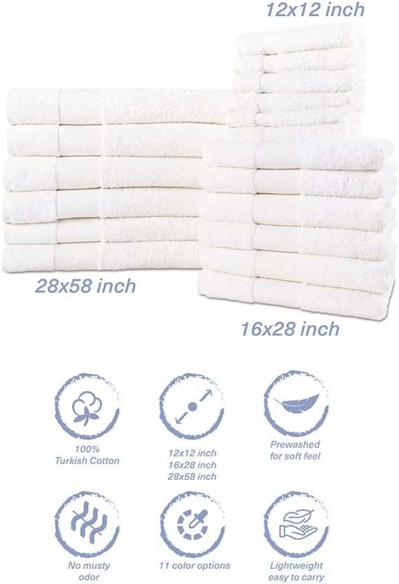 Hencely 18-Piece Bath Towel Set - High Absorbency, Quick Drying - 100% Soft Turkish Cotton - 6 Bath Towels, 6 Hand Towels, 6 Washcloths - for Bathroom, Home, Hotel, Spa, and Gym - 18-Pack White